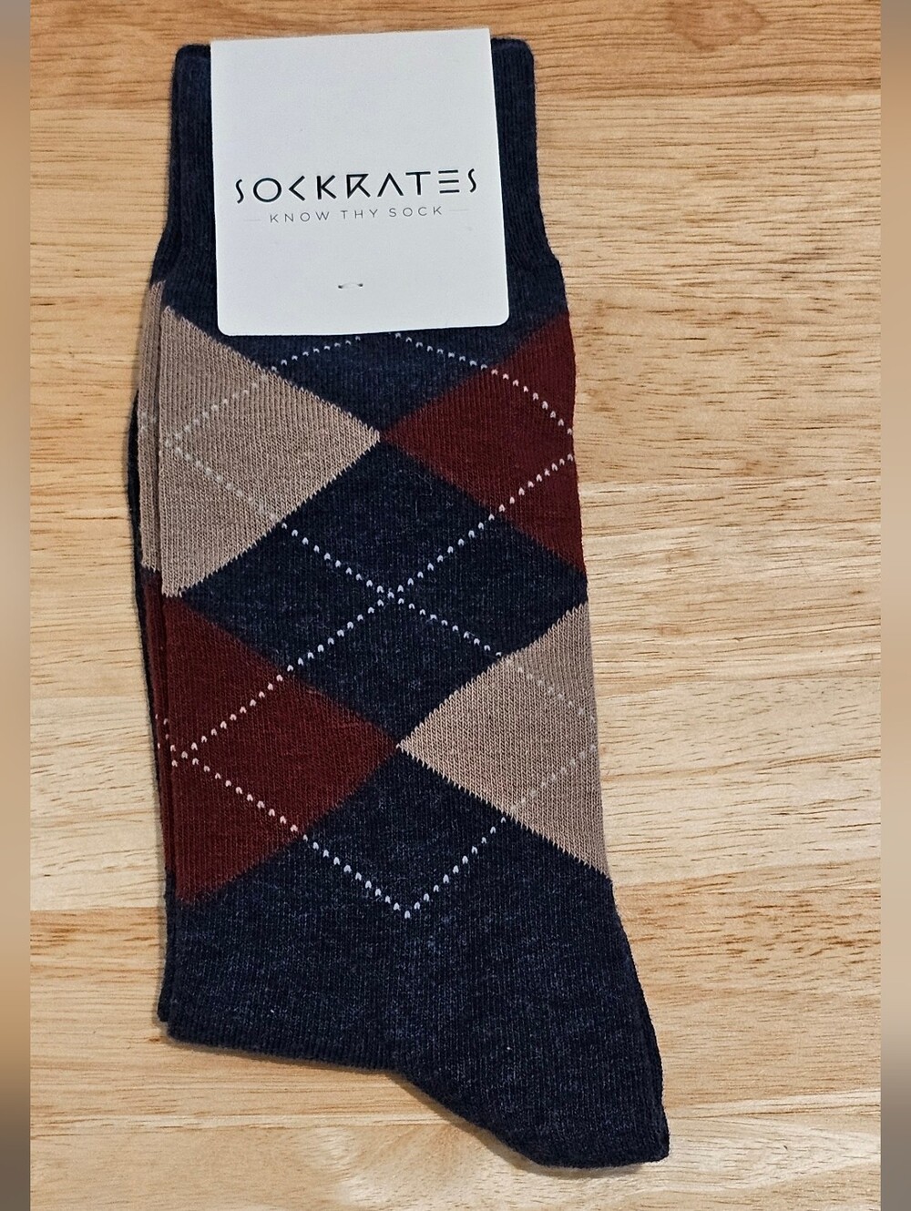 NIP Sockrates Men's Argyle Crew Socks Navy Burgundy Tan, Shoe Size 7-12